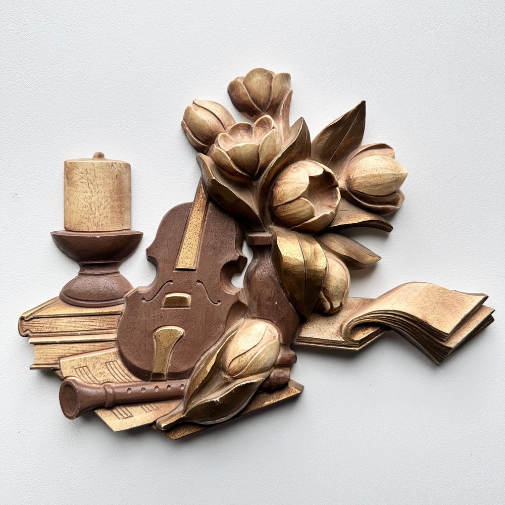 American Vintage Gold and Brown Musical Still Life Wall Accent